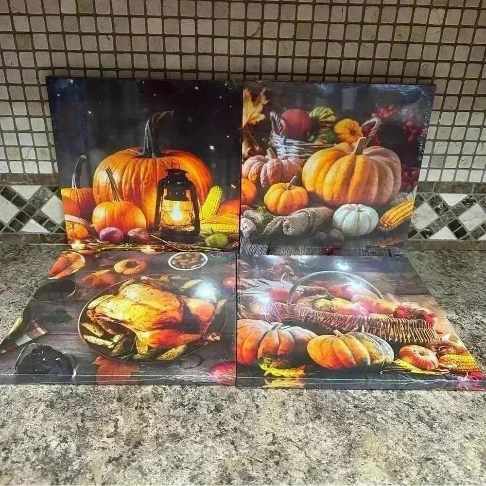 Thanksgiving Canvas Wall Art Harvest Fall Turkey Halloween Theme 12x12 Lot of 4
